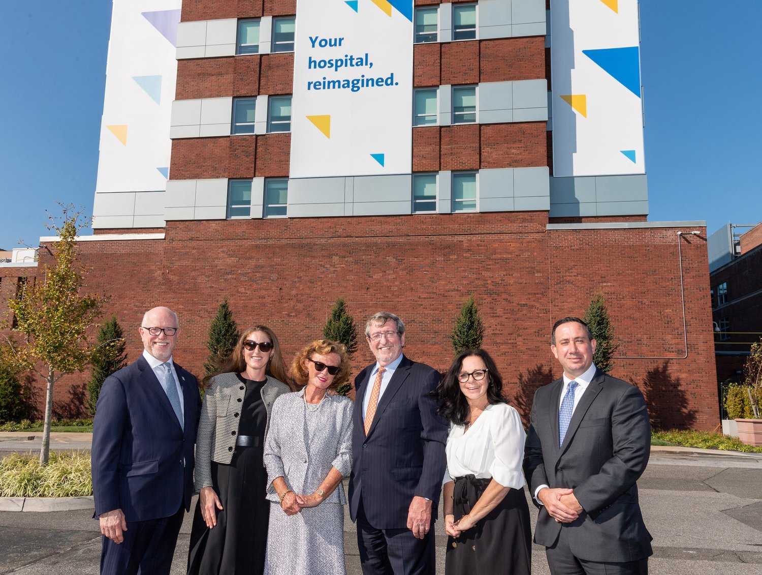 Entenmann family members and Northwell Health executives celebrate the family’s gift to South Shore University Hospital, the largest in the hospital’s history.  From left: Brian T. Lally, Northwell Health senior vice president and chief development officer; philanthropists Kelly Ernie and Jaime (Entenmann) Padden; Michael J. Dowling, Northwell Health president and CEO; Donna Moravick, South Shore University Hospital executive director; and Steve Bello, Northwell’s eastern region executive director. Credit Northwell Health